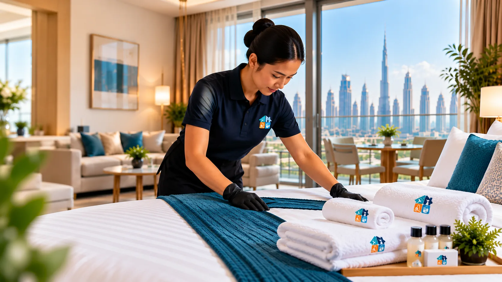Illustration of a professionally prepared holiday-home bedroom with a housekeeper arranging guest-ready linen